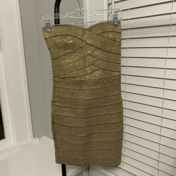 Strapless Sweetheart Gold Cocktail Bandage Dress - Picture 1 of 4
